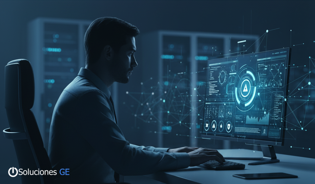 Profesional realizando una auditoría de seguridad informática en empresa con paneles de análisis y ciberseguridad.