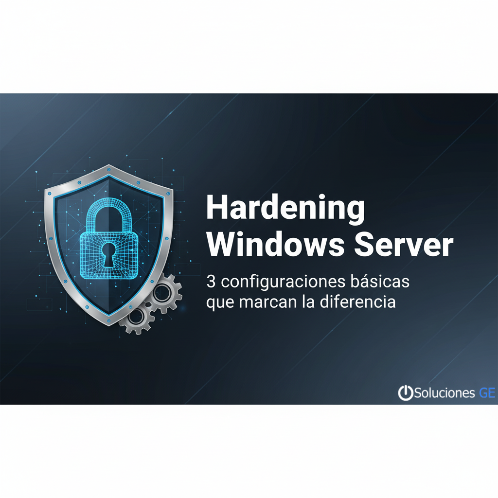 Candado y escudo sobre fondo tecnológico que representa la seguridad en Windows Server. Título: "Hardening Windows Server: 3 configuraciones básicas que marcan la diferencia". Logo: Soluciones GE.